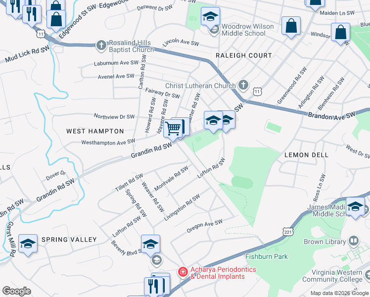map of restaurants, bars, coffee shops, grocery stores, and more near 2424 Guilford Avenue Southwest in Roanoke