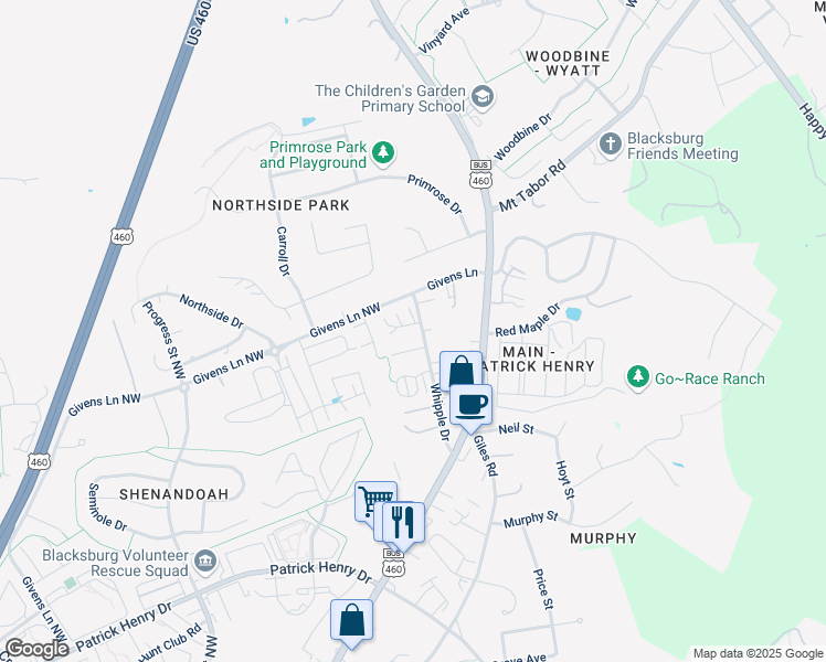 map of restaurants, bars, coffee shops, grocery stores, and more near 1803 Whipple Drive in Blacksburg