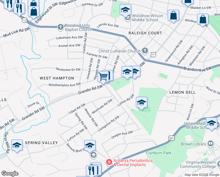 map of restaurants, bars, coffee shops, grocery stores, and more near 2424 Guilford Avenue Southwest in Roanoke