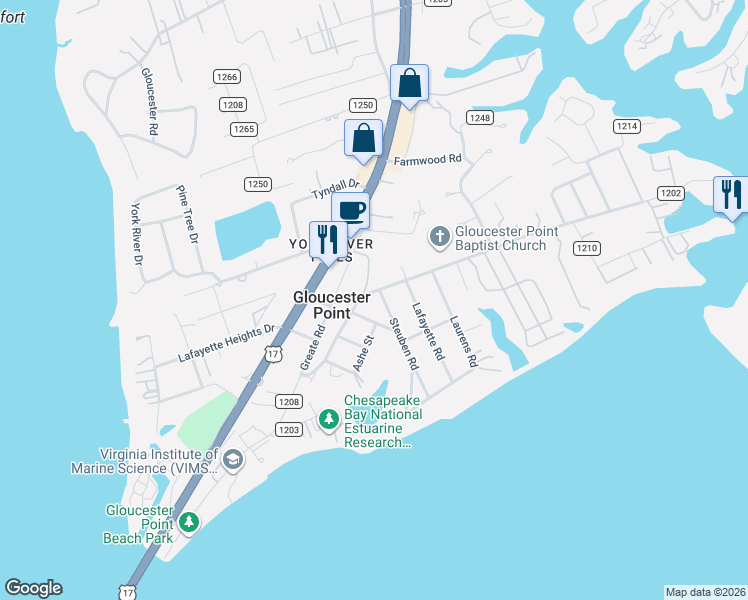 map of restaurants, bars, coffee shops, grocery stores, and more near 7621 Ohara Road in Gloucester Point