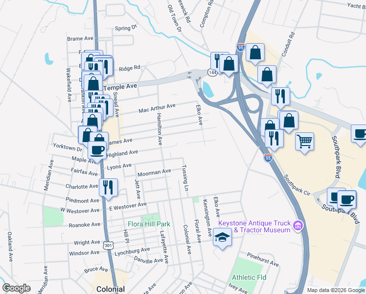 map of restaurants, bars, coffee shops, grocery stores, and more near 524 Highland Avenue in Colonial Heights