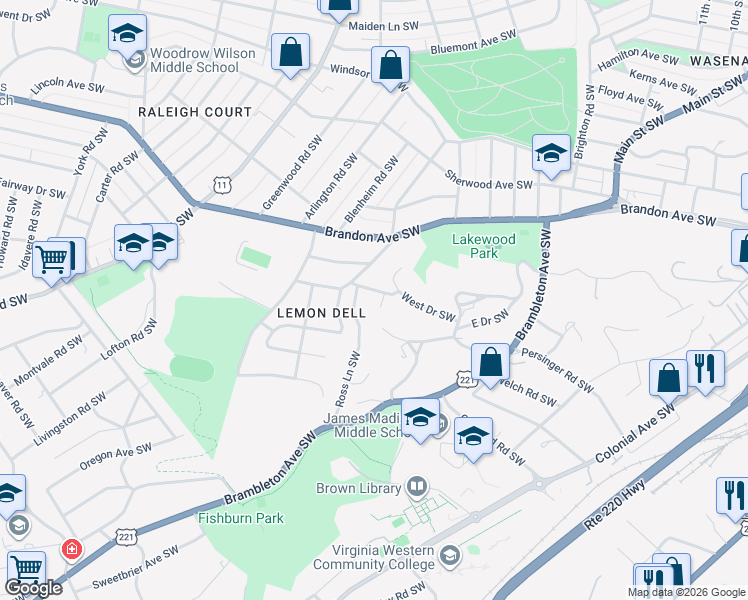map of restaurants, bars, coffee shops, grocery stores, and more near 2206 Dogwood Ln SW in Roanoke