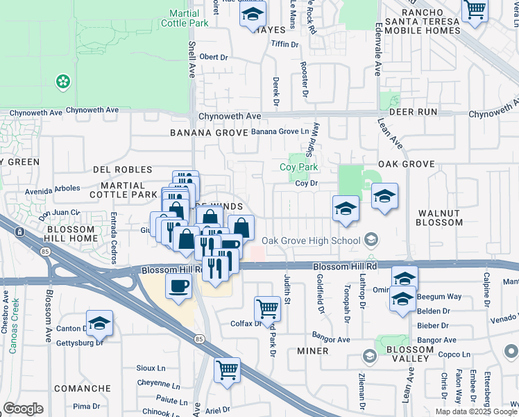 map of restaurants, bars, coffee shops, grocery stores, and more near 275 Tradewinds Drive in San Jose