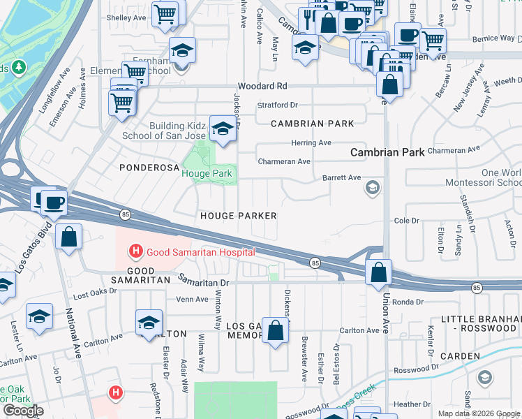 map of restaurants, bars, coffee shops, grocery stores, and more near 4593 Fallstone Court in San Jose