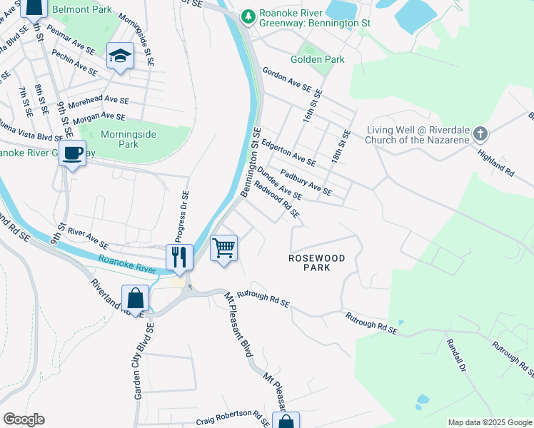 map of restaurants, bars, coffee shops, grocery stores, and more near 1618 Riverside Terrace Southeast in Roanoke