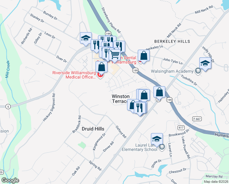 map of restaurants, bars, coffee shops, grocery stores, and more near 137 Winston Drive in Williamsburg