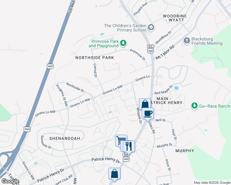 map of restaurants, bars, coffee shops, grocery stores, and more near 1731 Aden Lane in Blacksburg