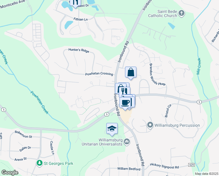 map of restaurants, bars, coffee shops, grocery stores, and more near 103 Powhatan Springs Rd in Williamsburg