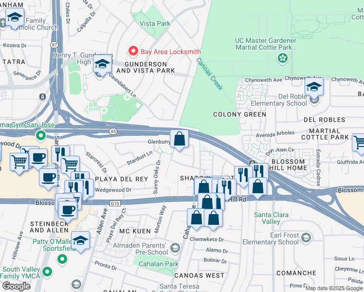 map of restaurants, bars, coffee shops, grocery stores, and more near 580 Glenburry Way in San Jose