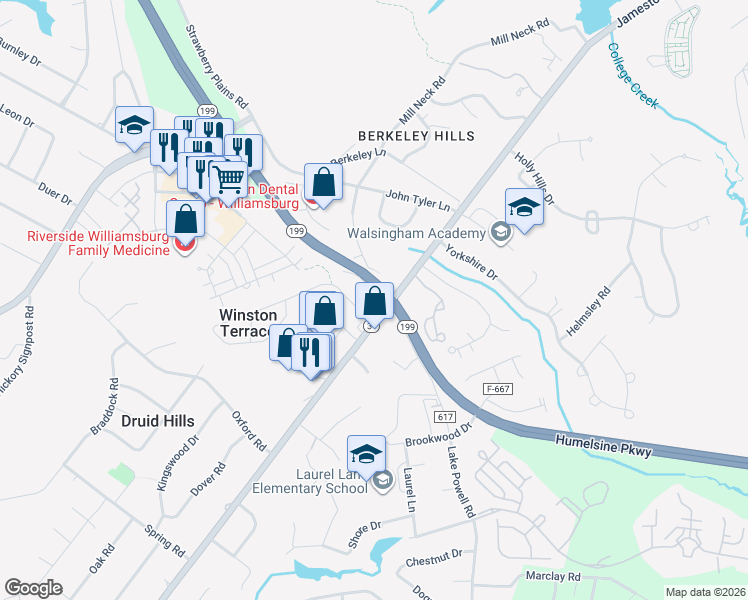map of restaurants, bars, coffee shops, grocery stores, and more near 1203 Jamestown Road in Williamsburg