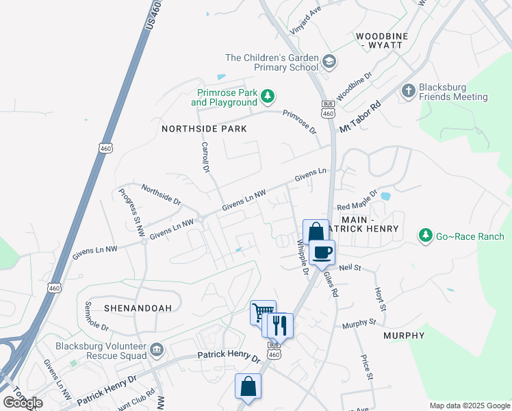 map of restaurants, bars, coffee shops, grocery stores, and more near 1712 Aden Lane in Blacksburg