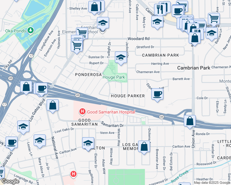 map of restaurants, bars, coffee shops, grocery stores, and more near 4177 Haven Court in San Jose