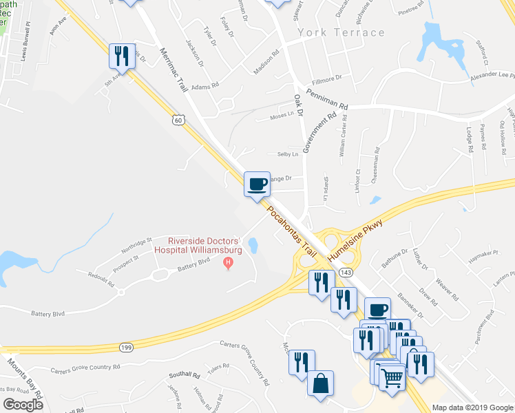 map of restaurants, bars, coffee shops, grocery stores, and more near 7337 Pocahontas Trail in Williamsburg