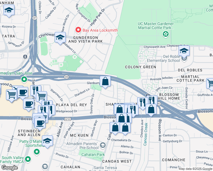 map of restaurants, bars, coffee shops, grocery stores, and more near 580 Glenburry Way in San Jose