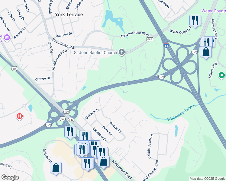 map of restaurants, bars, coffee shops, grocery stores, and more near 228 Bethune Drive in Williamsburg