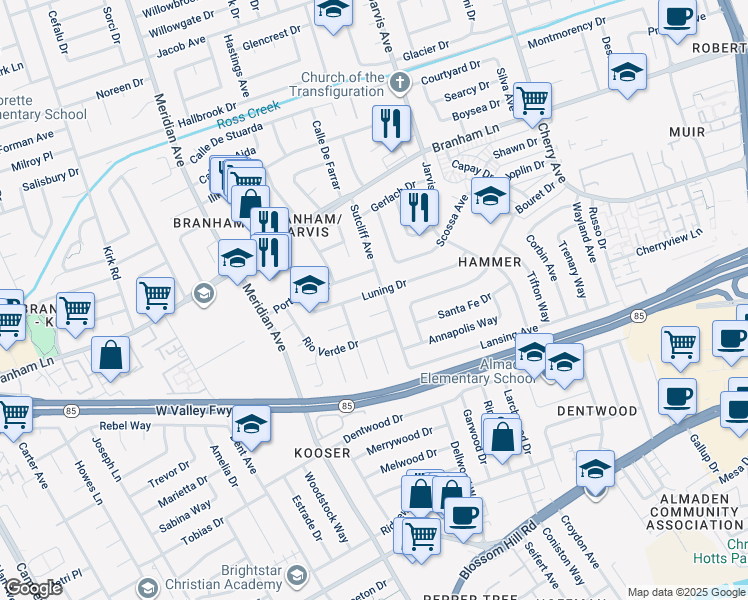 map of restaurants, bars, coffee shops, grocery stores, and more near 1462 Luning Drive in San Jose