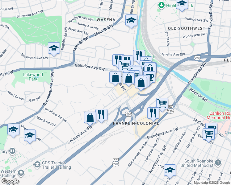 map of restaurants, bars, coffee shops, grocery stores, and more near 2401 Winthrop Avenue Southwest in Roanoke