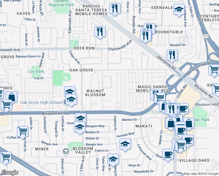 map of restaurants, bars, coffee shops, grocery stores, and more near 162 Sun Blossom Dr in San Jose