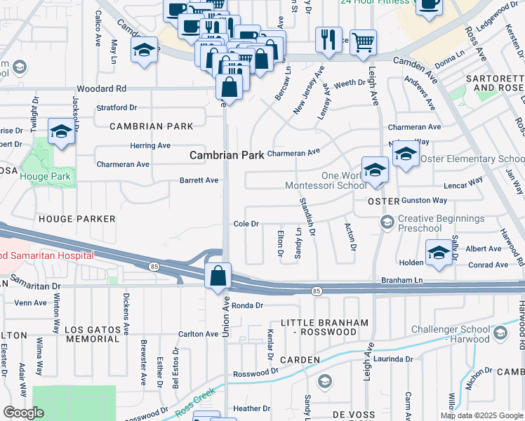 map of restaurants, bars, coffee shops, grocery stores, and more near 14872 Bronson Avenue in San Jose