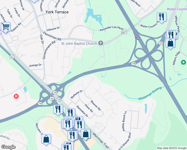 map of restaurants, bars, coffee shops, grocery stores, and more near 228 Bethune Drive in Williamsburg