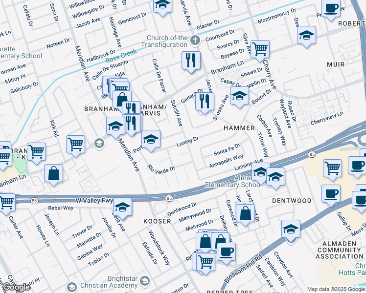 map of restaurants, bars, coffee shops, grocery stores, and more near 1462 Luning Drive in San Jose