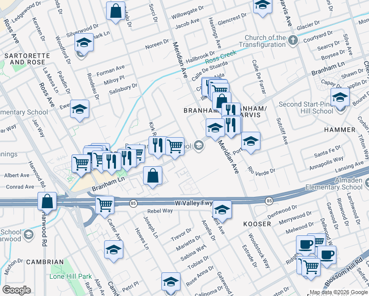 map of restaurants, bars, coffee shops, grocery stores, and more near 1579 Branham Lane in San Jose