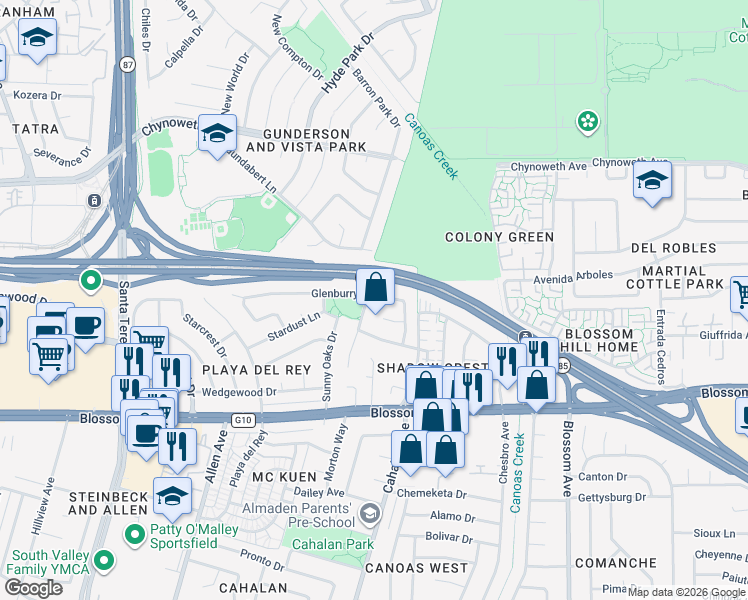 map of restaurants, bars, coffee shops, grocery stores, and more near 5510 Dunsburry Way in San Jose