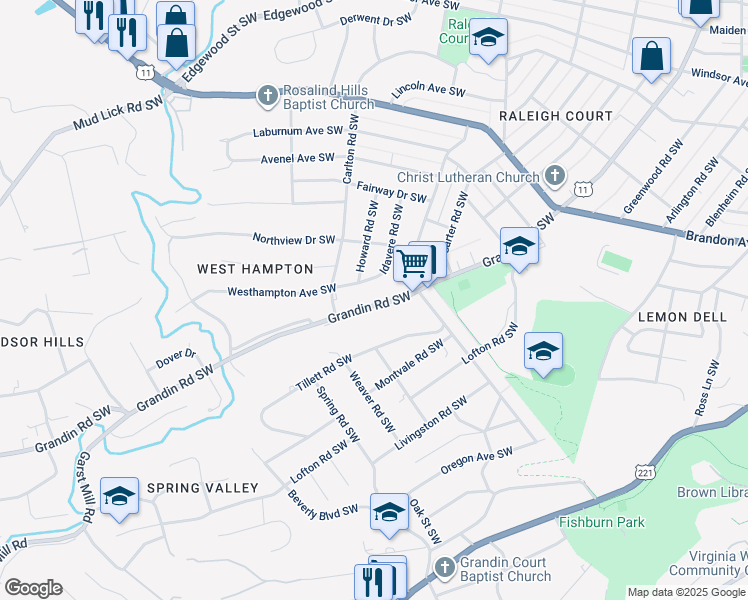 map of restaurants, bars, coffee shops, grocery stores, and more near 2439 Grandin Road Southwest in Roanoke