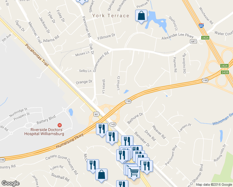 map of restaurants, bars, coffee shops, grocery stores, and more near 208 Linfoot Court in Williamsburg