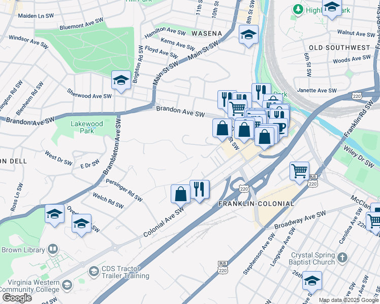 map of restaurants, bars, coffee shops, grocery stores, and more near 809 Oakwood Drive Southwest in Roanoke