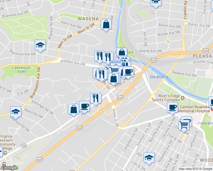 map of restaurants, bars, coffee shops, grocery stores, and more near 1098 23rd Street Southwest in Roanoke