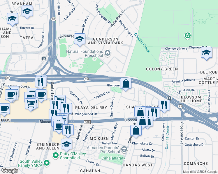 map of restaurants, bars, coffee shops, grocery stores, and more near 701 Stardust Lane in San Jose