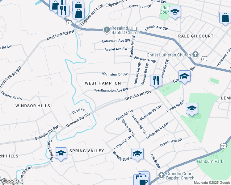 map of restaurants, bars, coffee shops, grocery stores, and more near 2634 Westhampton Avenue Southwest in Roanoke