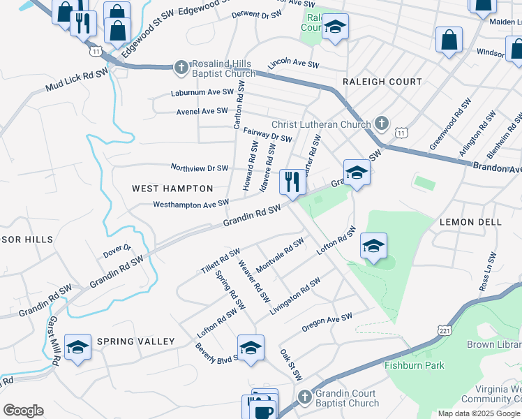 map of restaurants, bars, coffee shops, grocery stores, and more near 2433 Grandin Road Southwest in Roanoke