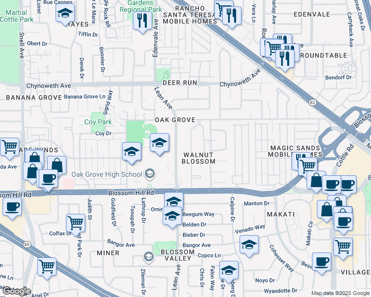map of restaurants, bars, coffee shops, grocery stores, and more near 5462 Blossom Gardens Circle in San Jose