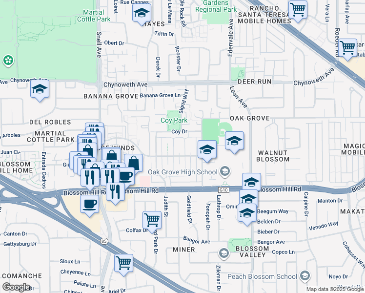 map of restaurants, bars, coffee shops, grocery stores, and more near 5491 Tyhurst Walkway in San Jose