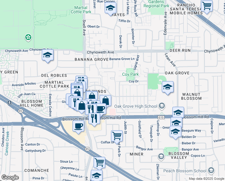 map of restaurants, bars, coffee shops, grocery stores, and more near 275 Tradewinds Drive in San Jose