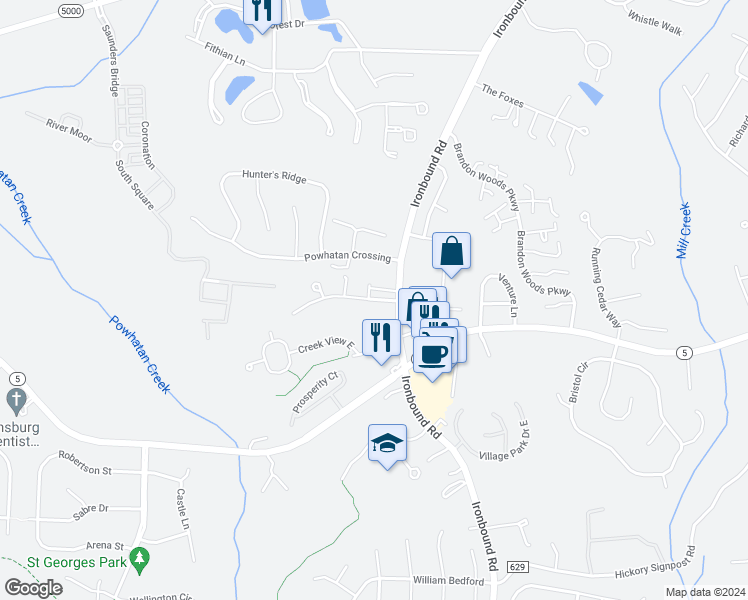 map of restaurants, bars, coffee shops, grocery stores, and more near 103 Powhatan Springs Rd in Williamsburg