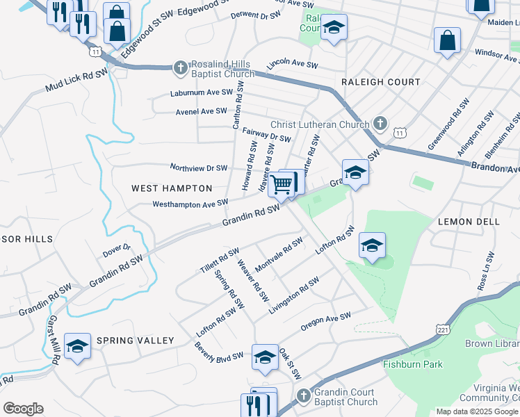 map of restaurants, bars, coffee shops, grocery stores, and more near 2433 Grandin Road Southwest in Roanoke