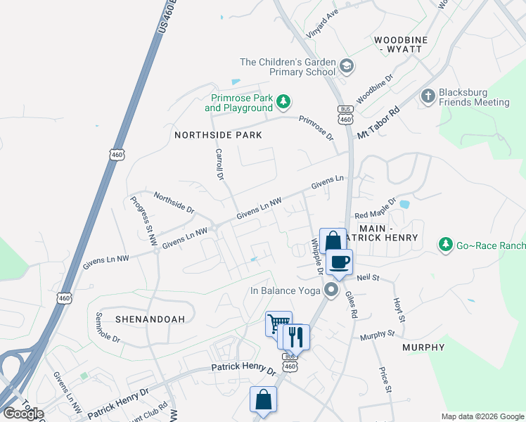 map of restaurants, bars, coffee shops, grocery stores, and more near 1731 Aden Lane in Blacksburg
