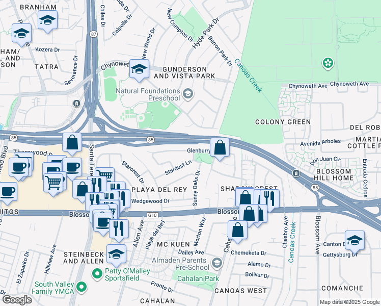 map of restaurants, bars, coffee shops, grocery stores, and more near 701 Stardust Lane in San Jose