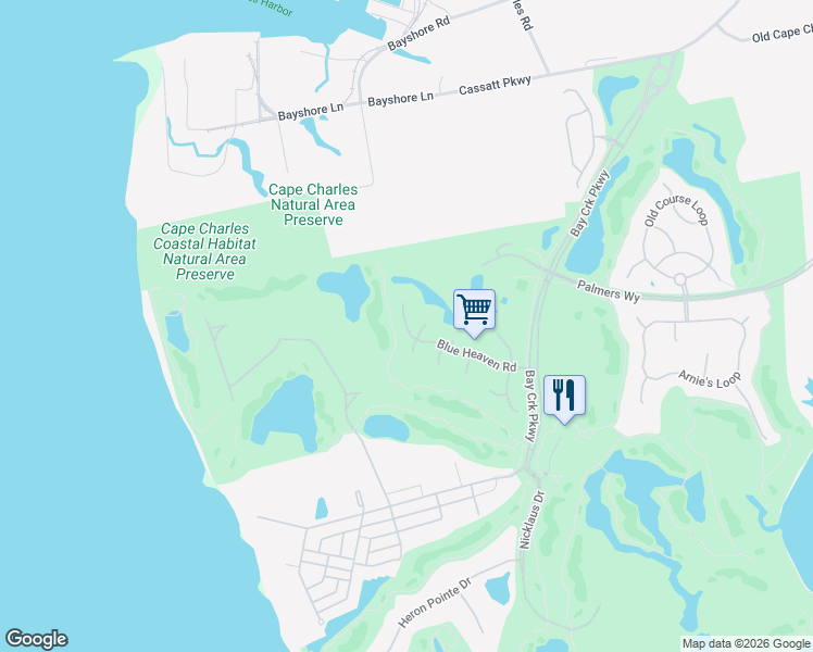 map of restaurants, bars, coffee shops, grocery stores, and more near 4 Inkberry Court in Cape Charles