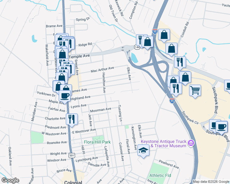 map of restaurants, bars, coffee shops, grocery stores, and more near 524 Highland Avenue in Colonial Heights