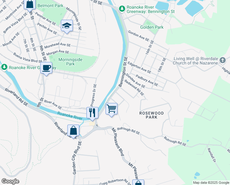 map of restaurants, bars, coffee shops, grocery stores, and more near 1500 Pike Lane Southeast in Roanoke