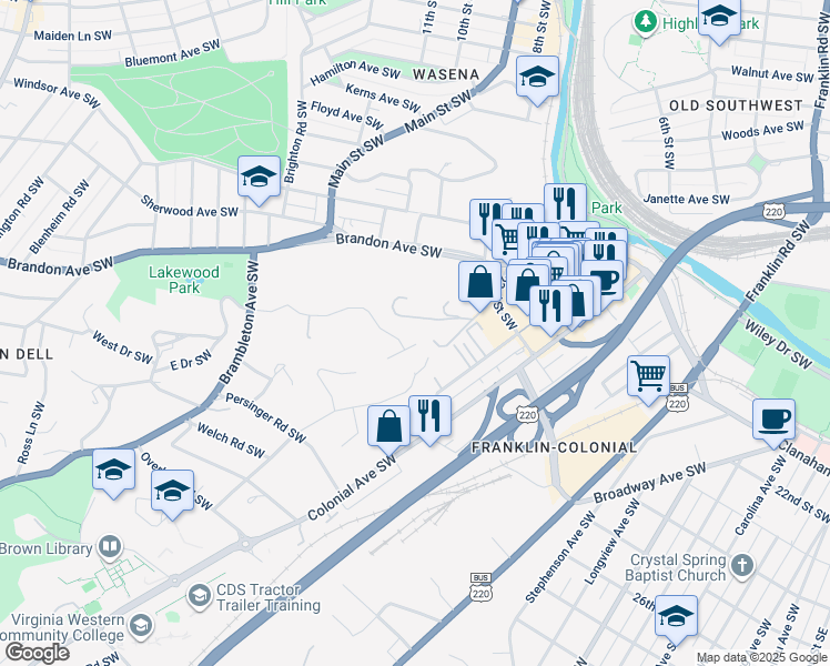map of restaurants, bars, coffee shops, grocery stores, and more near 809 Oakwood Drive Southwest in Roanoke