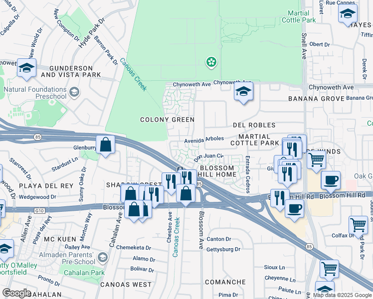 map of restaurants, bars, coffee shops, grocery stores, and more near 5455 Don Mateo Court in San Jose