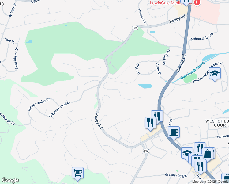 map of restaurants, bars, coffee shops, grocery stores, and more near 5951 Lakemont Drive in Cave Spring