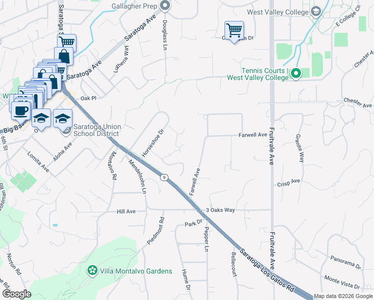 map of restaurants, bars, coffee shops, grocery stores, and more near 19908 Bella Vista Avenue in Saratoga