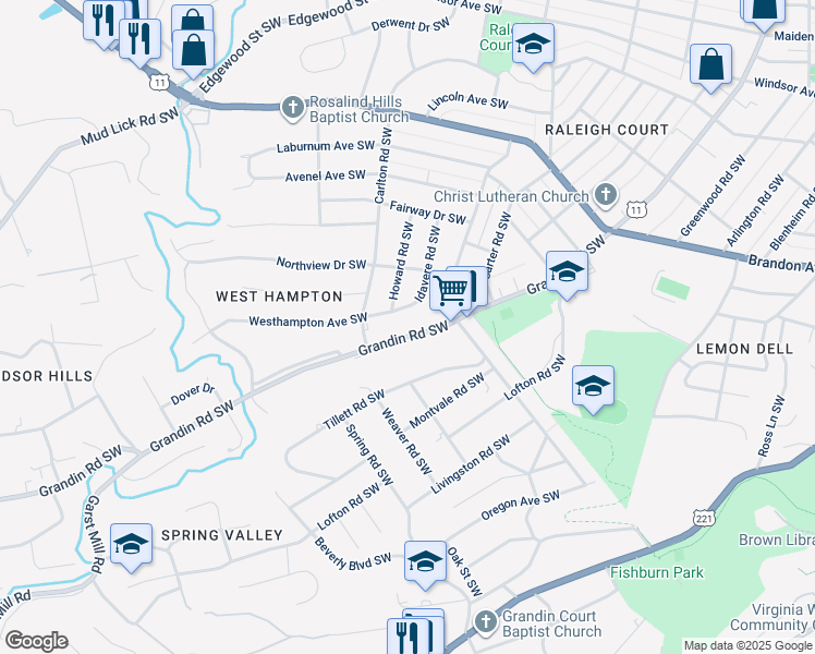 map of restaurants, bars, coffee shops, grocery stores, and more near 2439 Grandin Road Southwest in Roanoke