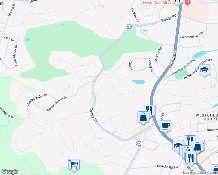 map of restaurants, bars, coffee shops, grocery stores, and more near 5951 Lakemont Drive in Cave Spring